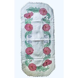 Vintage Embroidered Table Centerpiece With Floral Design & Crocheted Trim 37.5"